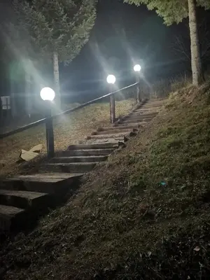 a set of stairs at night with street lights at Vikendica Čeperković #2 in Kopaonik