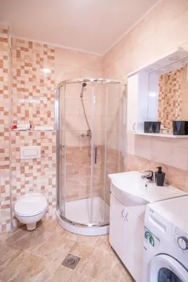 a bathroom with a shower and a toilet and a sink at Apartmani Central 7 & Free parking in Vrnjačka Banja
