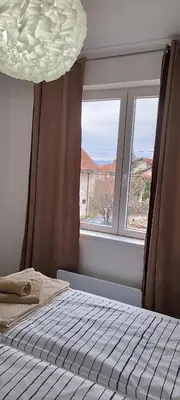 a bedroom with a bed in front of a window at Apartmani ZAT in Soko Banja