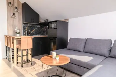a living room with a couch and a table at Apartmani ZAT in Soko Banja