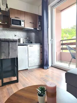 a living room with a kitchen and a large window at Apartmani ZAT in Soko Banja