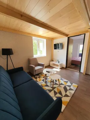 a living room with a blue couch and a table at Apartman Buena Vista in Soko Banja