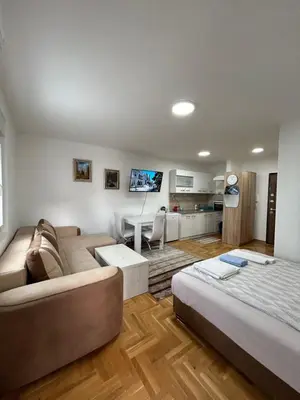 a large living room with a couch and a table at Apartmani Central 8 & Free parking in Vrnjačka Banja