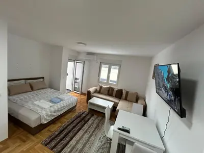 a living room with a bed and a couch at Apartmani Central 8 & Free parking in Vrnjačka Banja