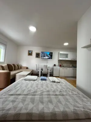 a bedroom with a large bed and a living room at Apartmani Central 8 & Free parking in Vrnjačka Banja