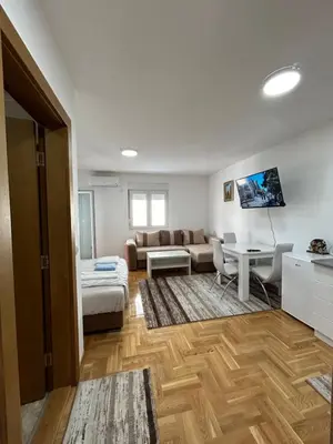 a living room with a couch and a table at Apartmani Central 8 & Free parking in Vrnjačka Banja