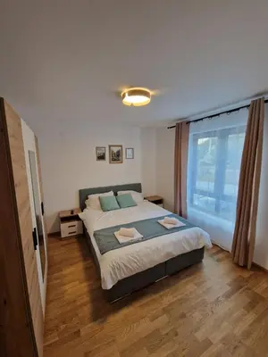 a bedroom with a bed and a large window at Nina Apartman 2 in Soko Banja