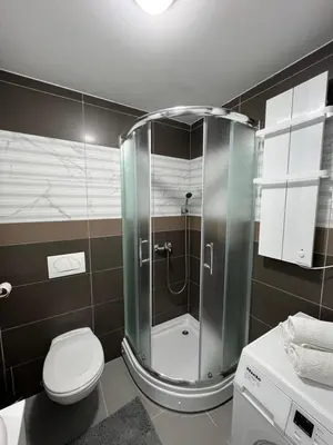 a bathroom with a shower with a toilet and a sink at NeNi Apartman in Vrnjačka Banja