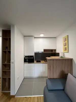 a living room with a couch and a kitchen at NeNi Apartman in Vrnjačka Banja