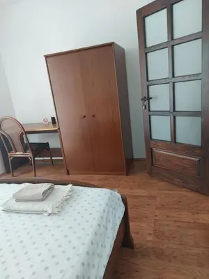 a bedroom with a bed and a wooden door at MILA city center-free parking in Vranje