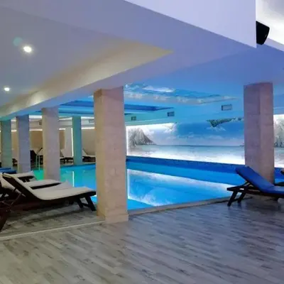 a room with a swimming pool with a view of the ocean at Milmari Resort Lux H-1 in Kopaonik