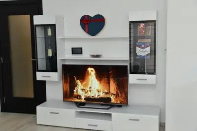 a living room with a tv with a fire in it at Stan na dan Raška in Raška