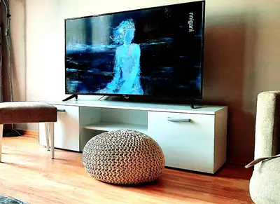 a flat screen tv sitting on a white entertainment center at Lala Lux & Parking free in Soko Banja