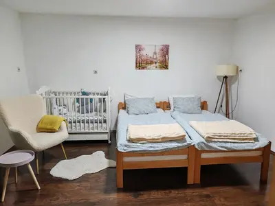 a bedroom with two twin beds and a crib at Holiday House in Zaječar