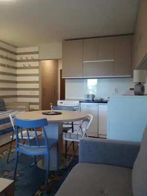 a kitchen with a table and chairs and a white refrigerator at VILA BJANKA 205 in Kopaonik