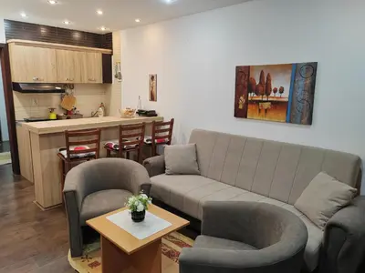 a living room with a couch and chairs and a kitchen at Apartman Popadić-Goč in Biserske Kuće