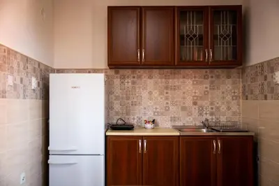 a kitchen with wooden cabinets and a white refrigerator at Beli Ocnjak in Soko Banja