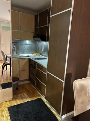 a kitchen with wooden cabinets and a counter top at SAD Apartman in Niš
