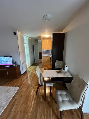 a living room with a table and chairs and a kitchen at SAD Apartman in Niš