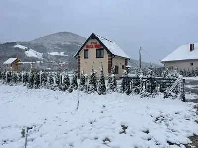 a house with a bunch of christmas trees in the snow at Vila Oaza mira Draganići in Raška