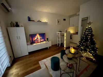a living room with a christmas tree and a fireplace at Apartman 5 Vrnjačka Banja in Vrnjačka Banja