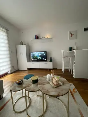 a living room with a table and a tv at Apartman 5 Vrnjačka Banja in Vrnjačka Banja