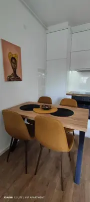 a table and chairs in a room with a kitchen at VIP Apartment in Jagodina
