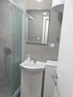 a white bathroom with a sink and a shower at Apartman Iris in Vrnjačka Banja