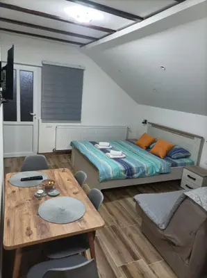 a bedroom with a bed and a table and chairs at NiTex Studio in Soko Banja
