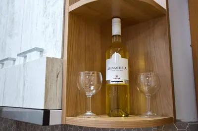 a bottle of wine and two wine glasses at NiTex Studio in Soko Banja