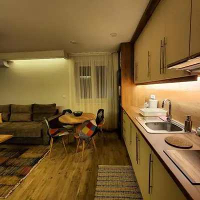 a kitchen and living room with a table and a couch at Apartman Minja in Vrnjačka Banja
