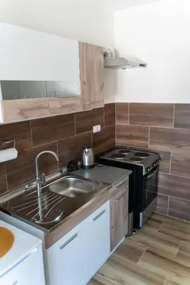a kitchen with a sink and a stove at JEDRO - Apartman sa garažnim parkingom in Vrnjačka Banja