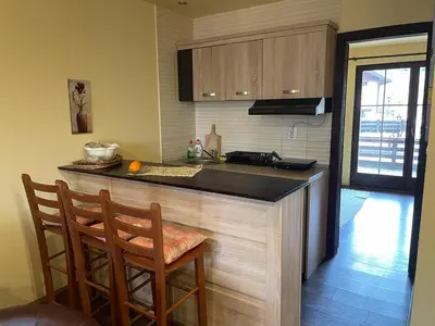 a kitchen with a counter and two wooden chairs at MIN apartman Goc in Vrnjačka Banja