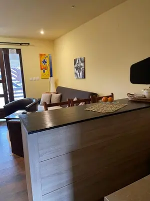 a living room with a bar with a table and chairs at MIN apartman Goc in Vrnjačka Banja