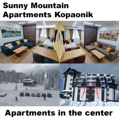 a collage of photos of a hotel room with furniture and an apartment at Hotel Sunčana planina - Wellness & Spa - Kopaonik - Sunny Mountain Apartments in Kopaonik