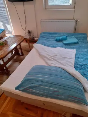 a bed with blue sheets on it in a room at N&N in Brzeće