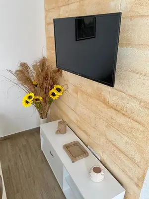 a living room with a tv on a wall at Apartmani Stanković Sokobanja in Soko Banja