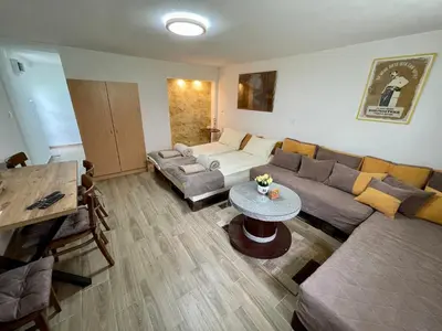 a living room with a couch and a table at Apartmani Stanković Sokobanja in Soko Banja