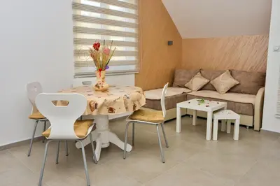 a living room with a table and a couch at Apartmani Milenkovic in Soko Banja