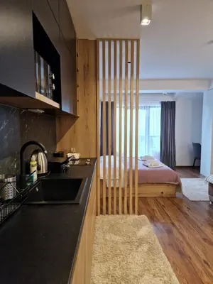 a kitchen with a sink and a bed in a room at SkyKop Apartmani in Kopaonik
