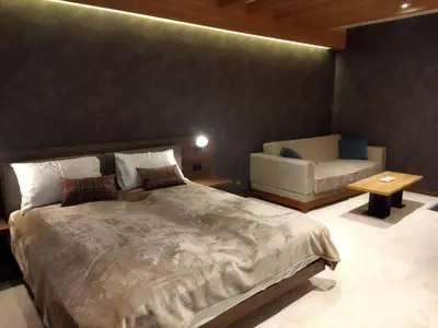 a bedroom with a large bed and a couch at Family Apart Woodside in Kopaonik