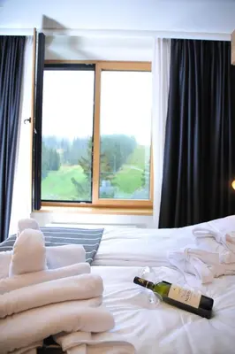a bed with towels and a bottle of wine on it at Family Apart Woodside in Kopaonik