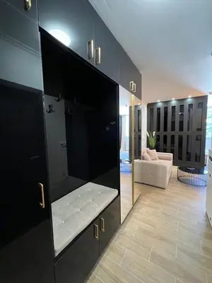 a living room with a large black cabinet with a bench at MVP Apartment Kopaonik in Kopaonik