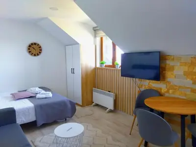 a room with a bed and a table and a tv at Milmari-Kopaonik in Kopaonik