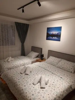 a bedroom with two beds with white pillows on them at Holiday apartaments 2 in Niš