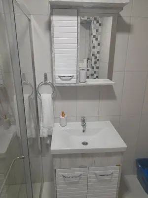 a white bathroom with a sink and a shower at Holiday apartaments 2 in Niš