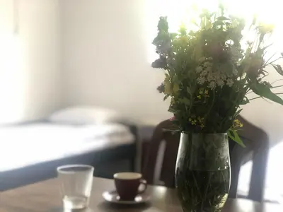 a vase filled with flowers on a table with two cups at Ski sun and fun kopaonik apartmani in Brzeće