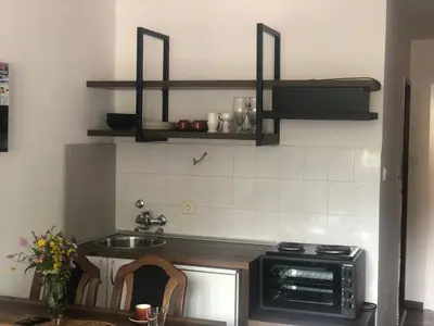 a kitchen with a sink and a microwave at Ski sun and fun kopaonik apartmani in Brzeće