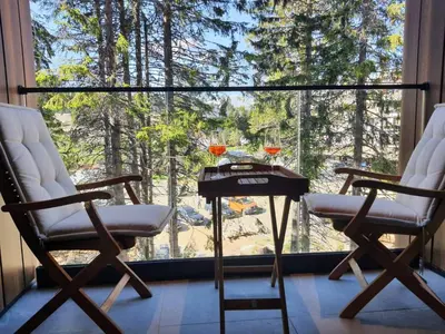 two chairs and a table in front of a window at Woodside Kopaonik by Ister in Kopaonik
