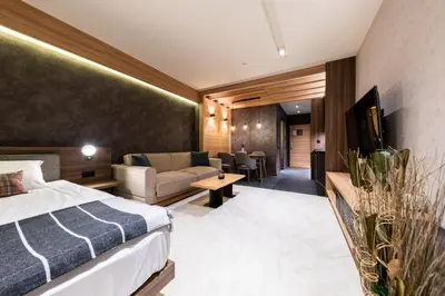 a hotel room with a bed and a living room at Woodside Apartment 218 in Kopaonik